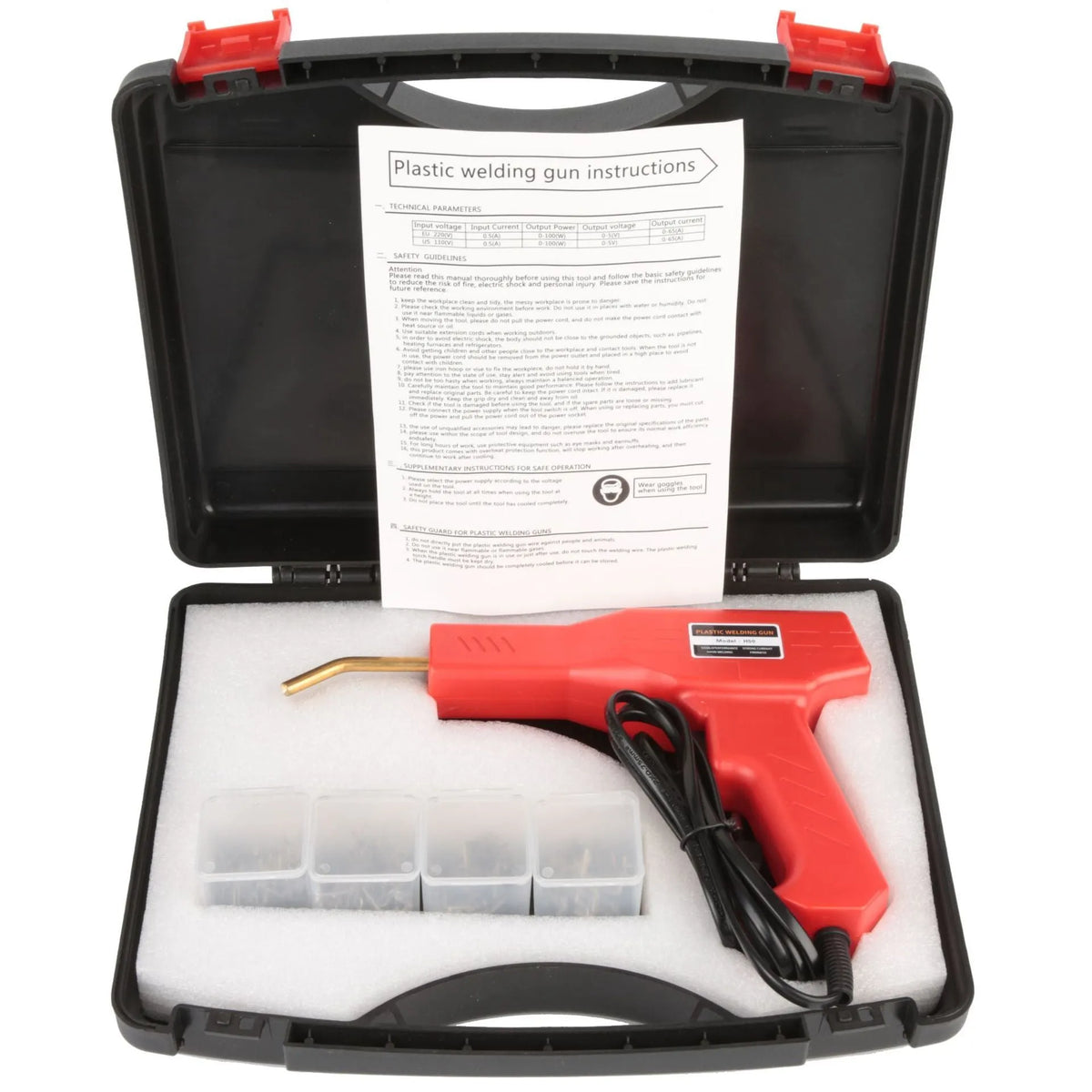 Red plastic welding gun host with pure copper transformer, 4 types of nails, pliers knife and black plastic box for bumper repair