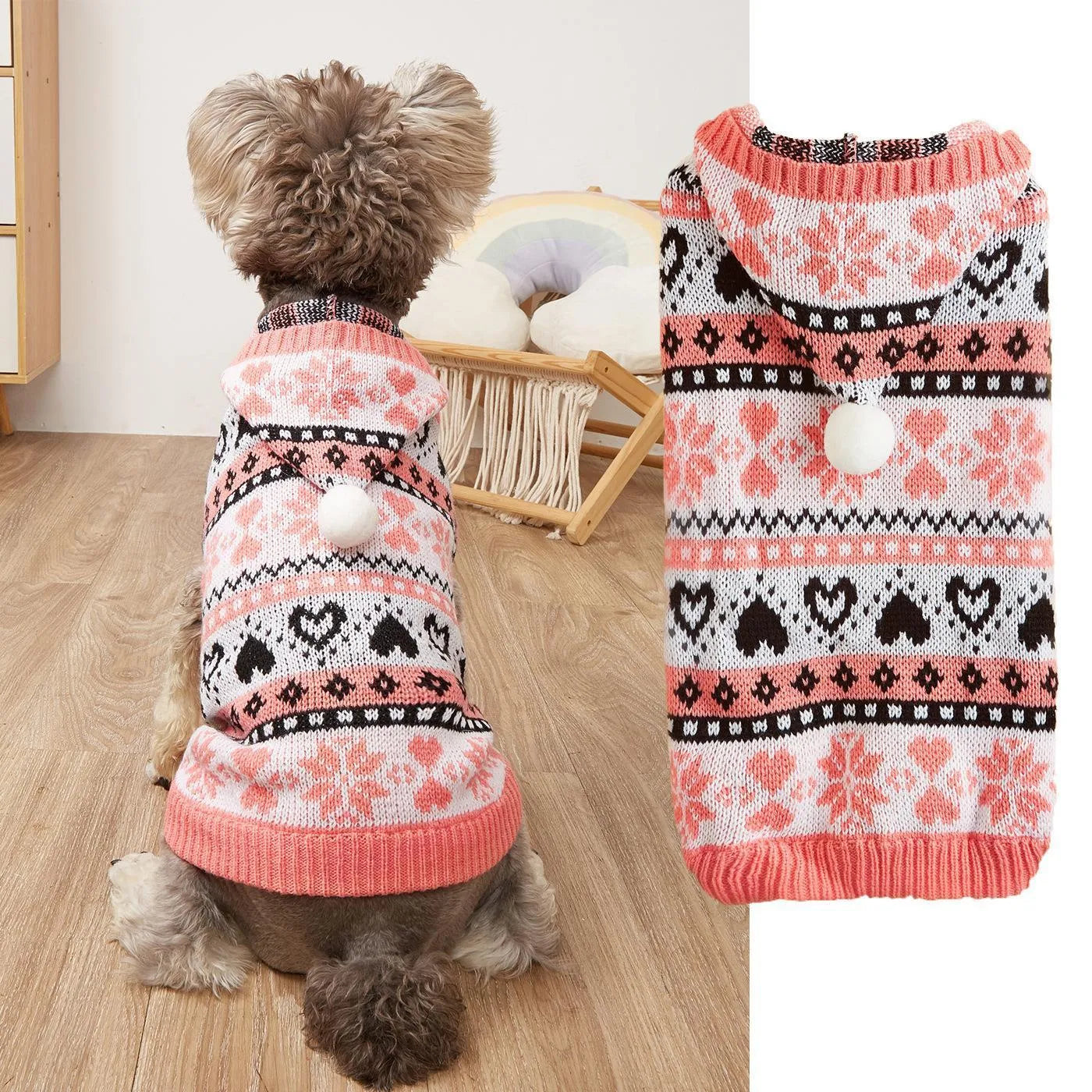 Small dog wearing snowflake love striped camouflage pattern acrylic knitted sweater