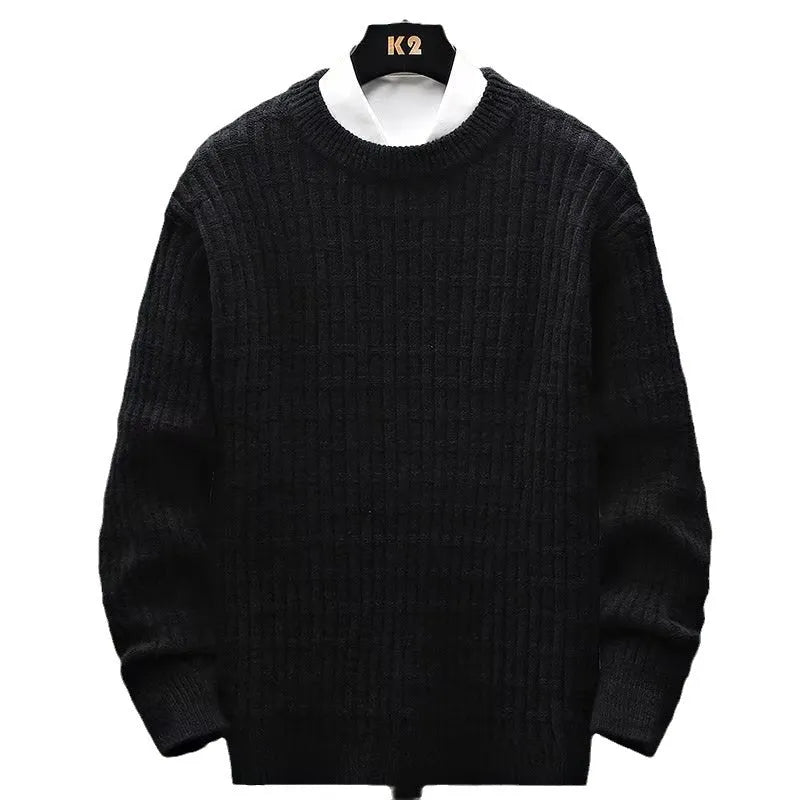 Men's loose crew neck knit sweater in black, white, or brown, polyester pullover, sizes S to XXL