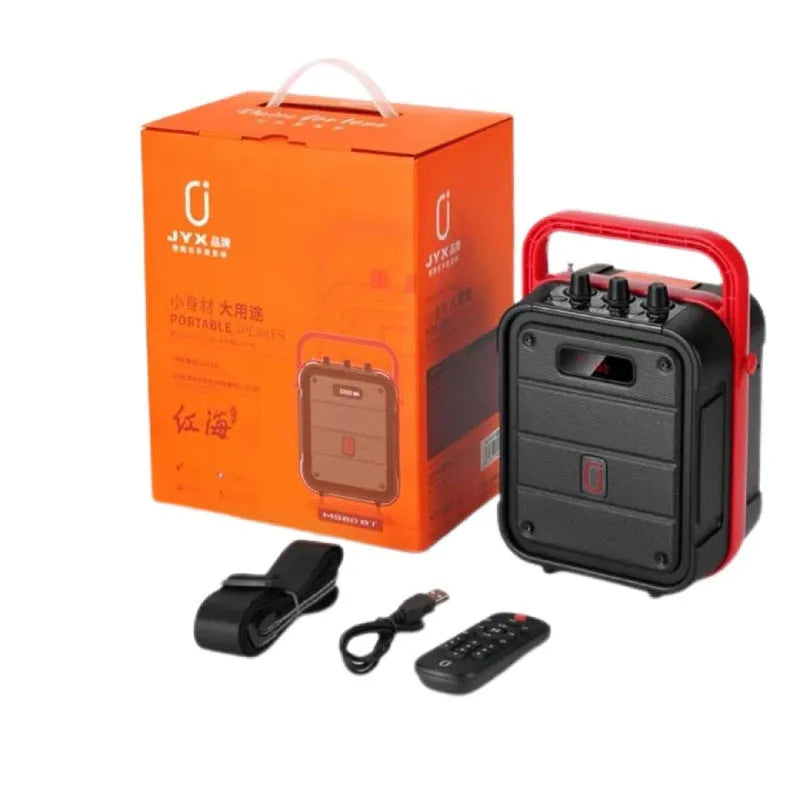 MS62AI portable Bluetooth speaker with wireless microphone, remote control, and strap