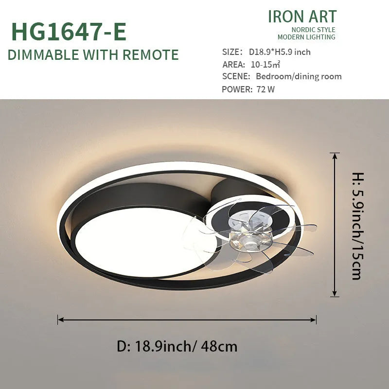 Nordic style 48cm ceiling fan light with metal blades and acrylic lampshade in black finish