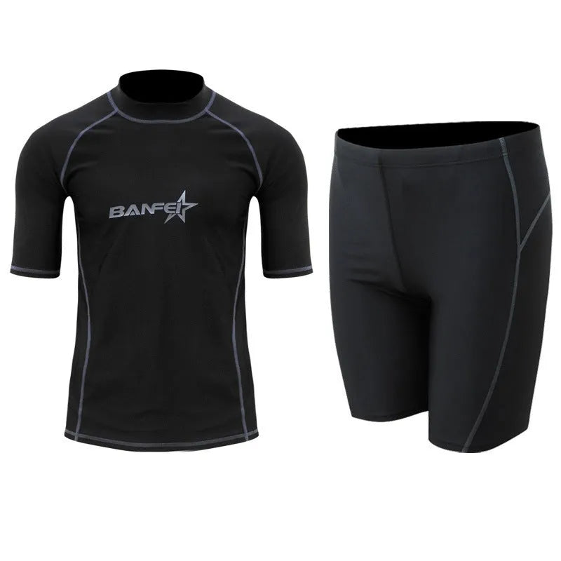 Men's quick-drying half sleeve swimsuit set in nylon fabric with matching swim pants