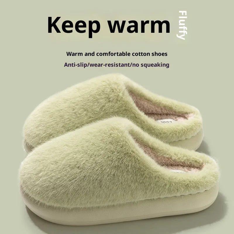Non-slip winter cotton-padded slippers with artificial wool lining and plush upper, flat heel, sizes 36-45