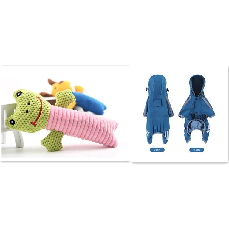 Plush sound toy range with yellow puppy 13x19cm, coffee calf 13x19cm, and green frog 11x18.5cm