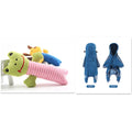 Plush sound toy range with yellow puppy 13x19cm, coffee calf 13x19cm, and green frog 11x18.5cm