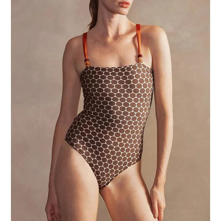 Women's printed dots pattern one-piece swimsuit with a matching wrap skirt set