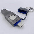 Black metal fingerprint encrypted USB flash drive showing USB 3.0 and Type-C connectors