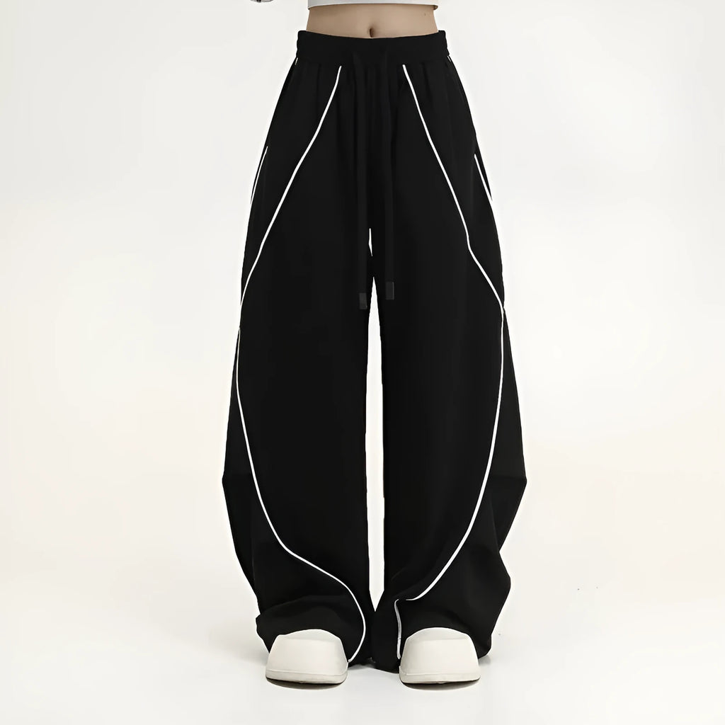 Black striped pleated hip hop wide-leg pants with mid waist and loose fit