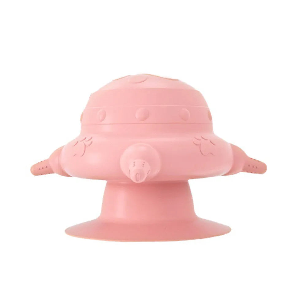 Pink silicone pet nursing bottle with breast-shaped milk bowl and four pacifiers for puppy and kitten feeding