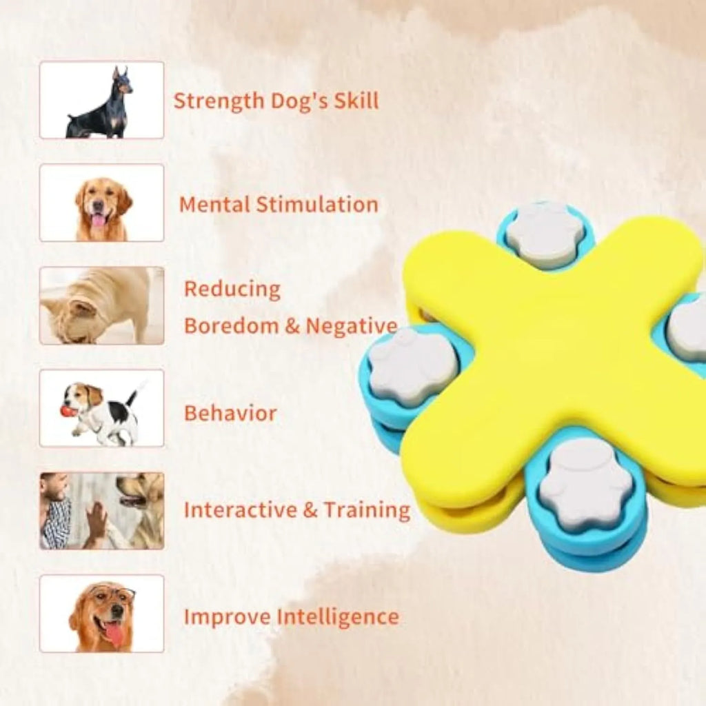 Yellow three-layer rotating dog puzzle feeder with claw-shaped lids and anti-slip base