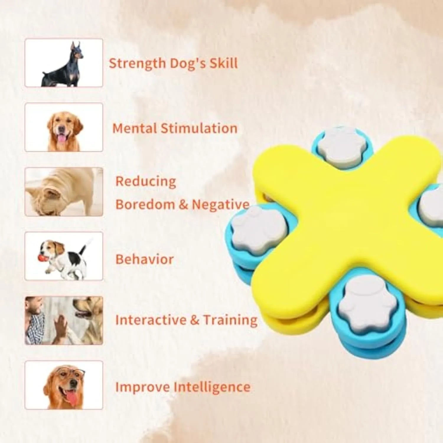 Yellow three-layer rotating dog puzzle feeder with claw-shaped lids and anti-slip base