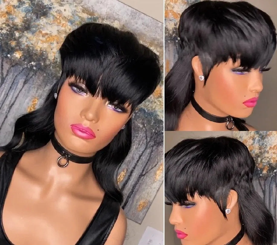 Black synthetic Brazilian wig with straight bangs and long back length.