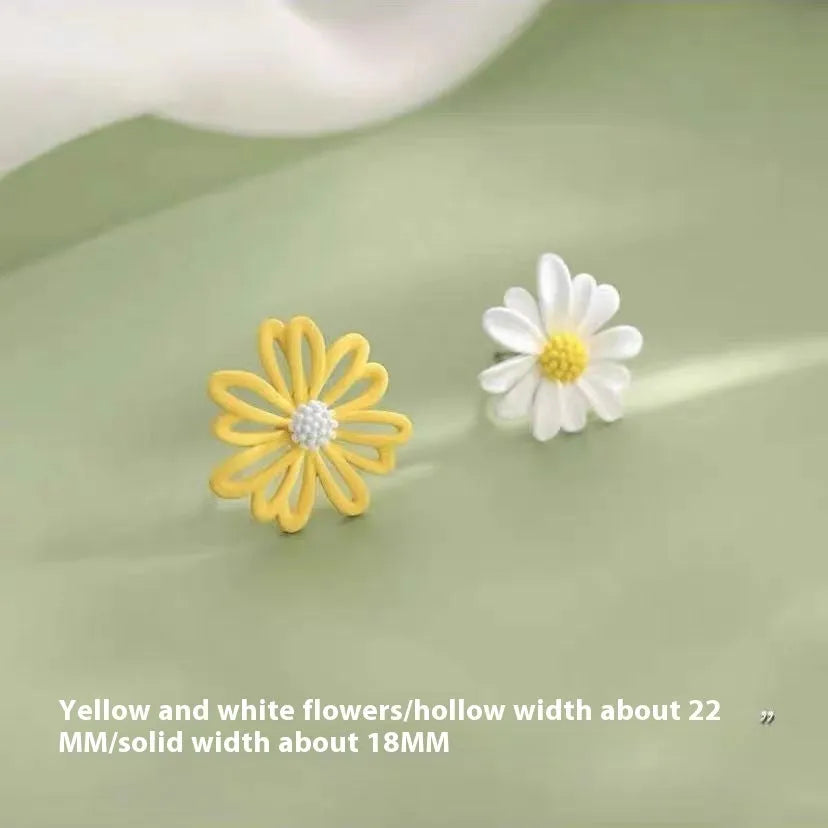 Flower-shaped alloy stud earrings in three colour combinations: blue-orange, white-green, and yellow-white