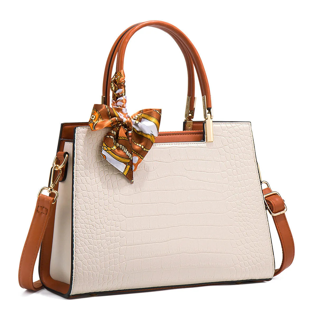 Milky white women's PU leather large-capacity shoulder handbag with internal organisers.