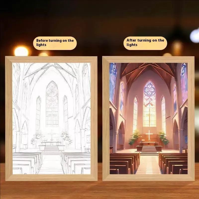 Modern rectangular LED light painting picture frame with illuminated decorative design on wall
