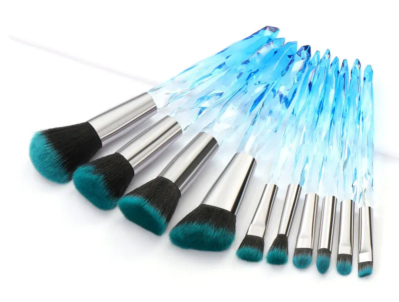 10 crystal handle foundation brushes with synthetic fibre bristles in black blue red yellow colours