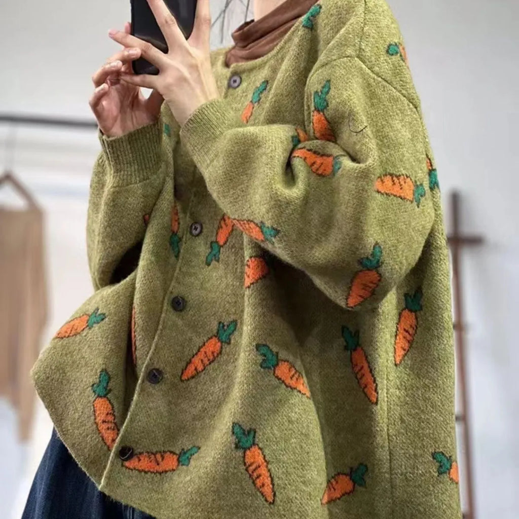 Mori artistic printing cardigan sweater with colour contrast design and loose fit