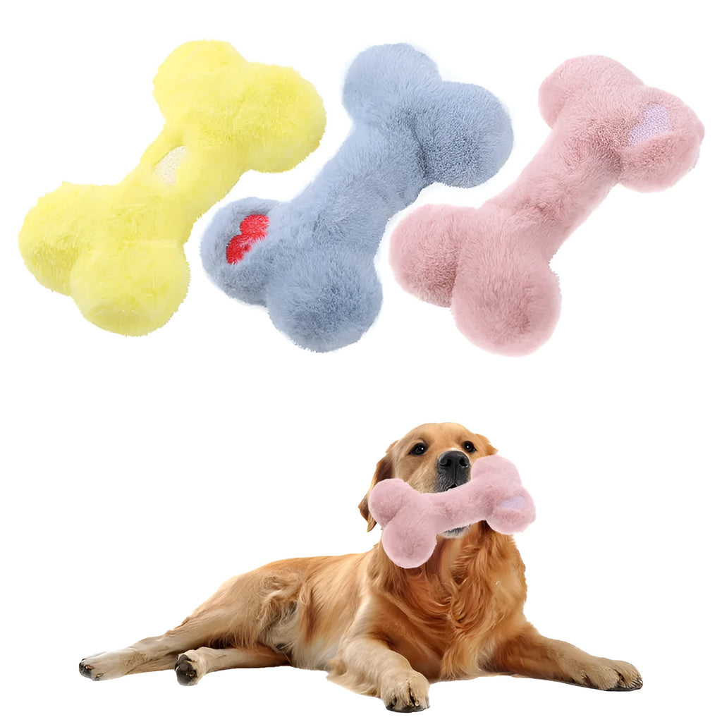 Love bone shaped plush dog toy in blue, pink or yellow colours with vocal interactive features