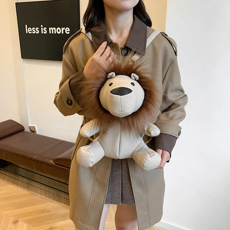 Plush lion casual bag in PU with polyester lining, single strap and inner phone pocket, shown in light brown, dark red, khaki or silver.