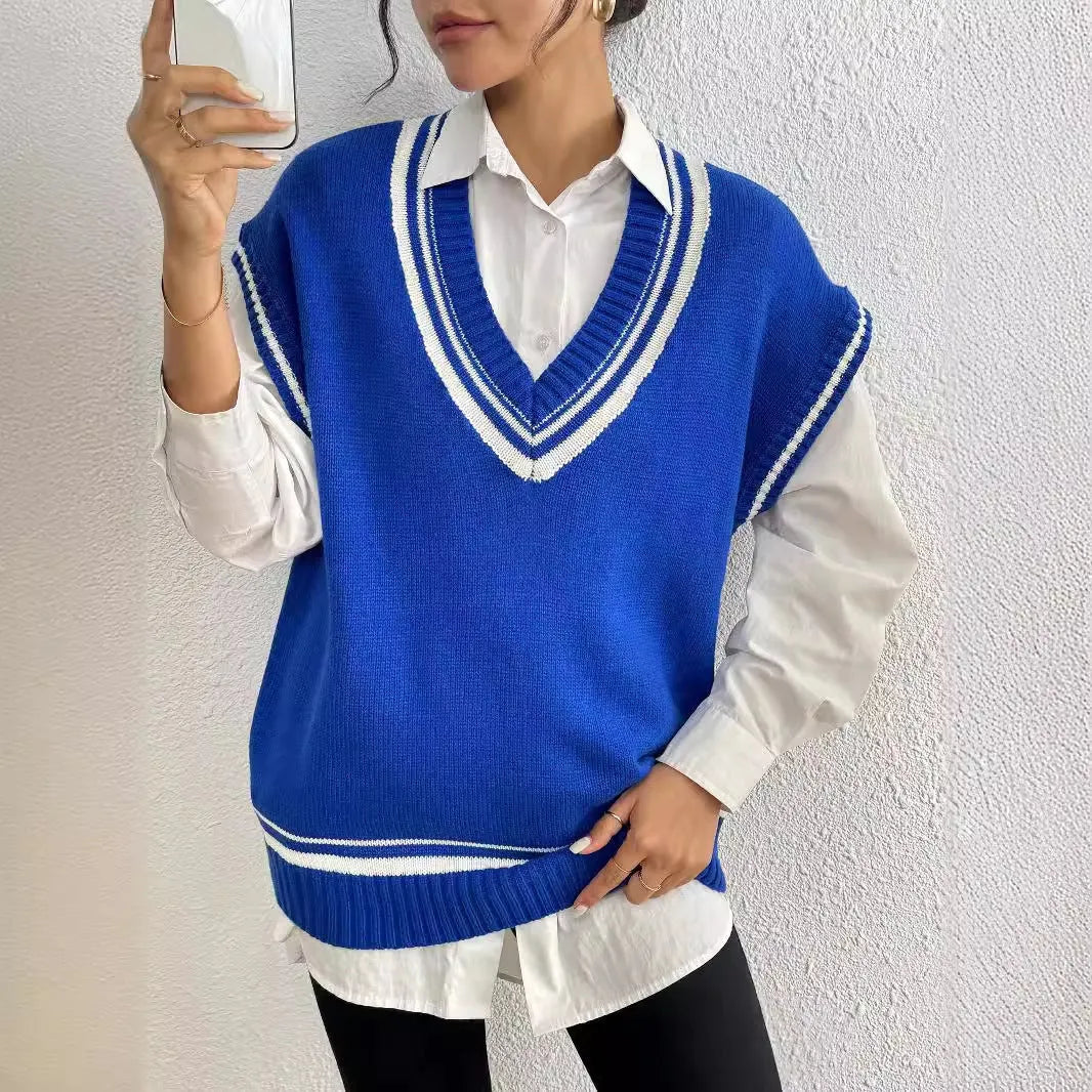 Women's blue college style acrylic polyester vest sweater with loose fit design