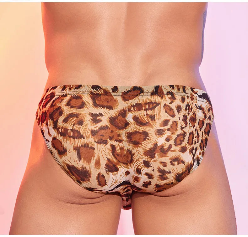 Men's leopard print low waist panties with elastic waistband and nylon fabric construction