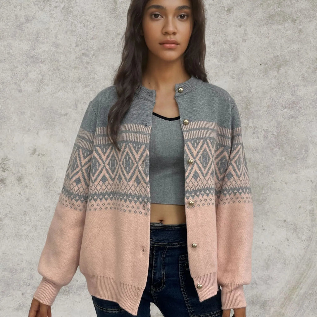 Women's alpaca wool cardigan with contrast colour sleeves and diamond knit pattern