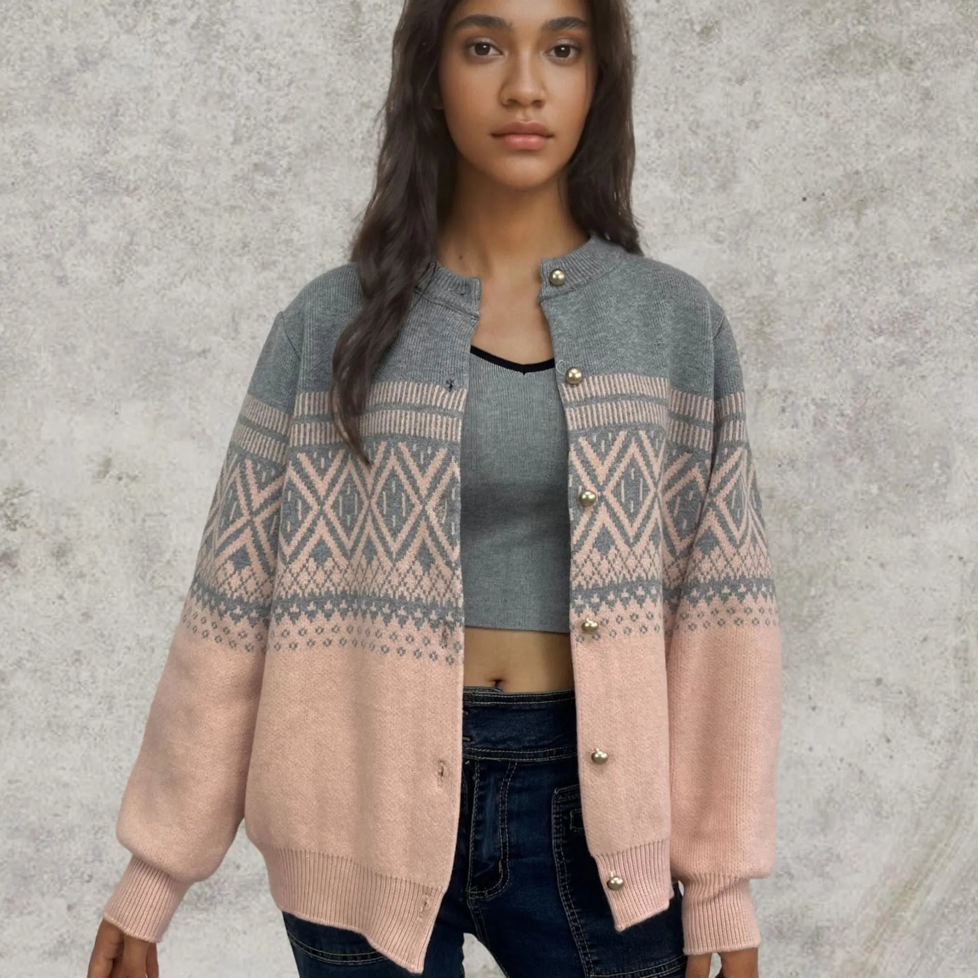 Women's alpaca wool cardigan with contrast colour sleeves and diamond knit pattern