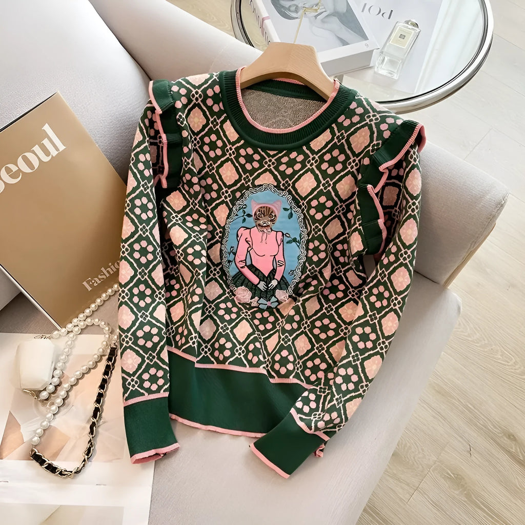 Green women's printed casual sweater with loose fit and long sleeves