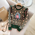 Green women's printed casual sweater with loose fit and long sleeves