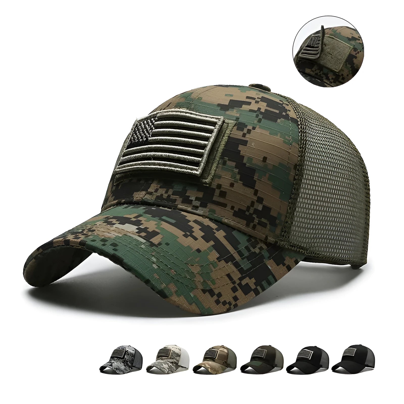 Tactical baseball cap with adjustable velcro strap in a camouflage or digital grid pattern.