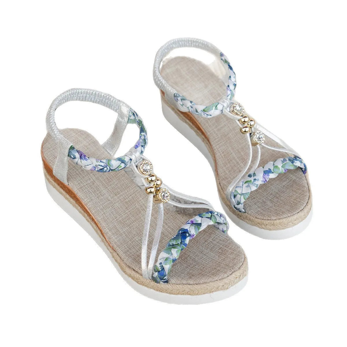 Gold rhinestone ornament wedge sandal with elastic strap, fish mouth toe, microfiber upper and rubber sole