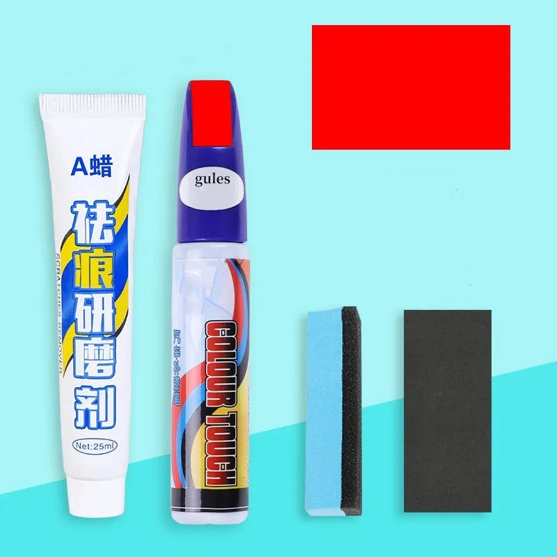 Automotive scratch repair kit showing touch-up paint pen, wax tube, sandpaper, and sponge for car paint touch-up.