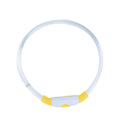 Blue USB-rechargeable LED dog collar glowing on a dog's neck, showing the 70cm adjustable TPU strap.