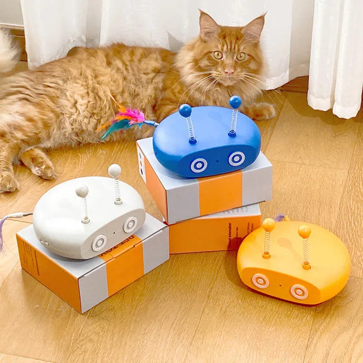 Electric cat interactive toy with automatic steering and random movement in blue, with pointer cat toy, wagging tail, and spring balls