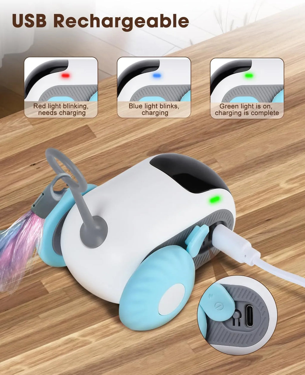 Blue smart cat toy car with feather teaser attachment and remote control