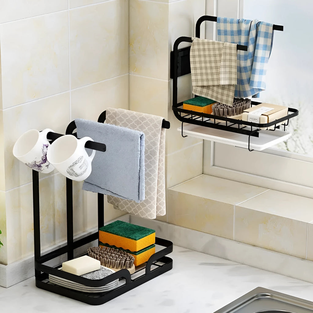 Foldable plastic kitchen draining storage rack in new Chinese style, shown on a desktop.