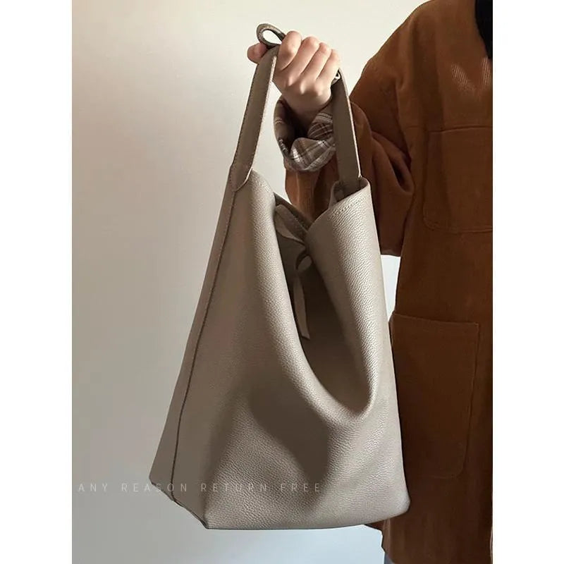 Large capacity PU bucket shoulder tote bag in grey or black, 25cm wide, 35cm high, 15cm thick, with file bag interior and sewing thread detail