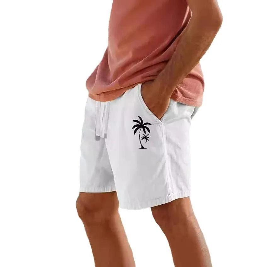 Men's mid-length beach shorts with drawstring elastic waist and floral heat transfer patterns in cotton blend fabric