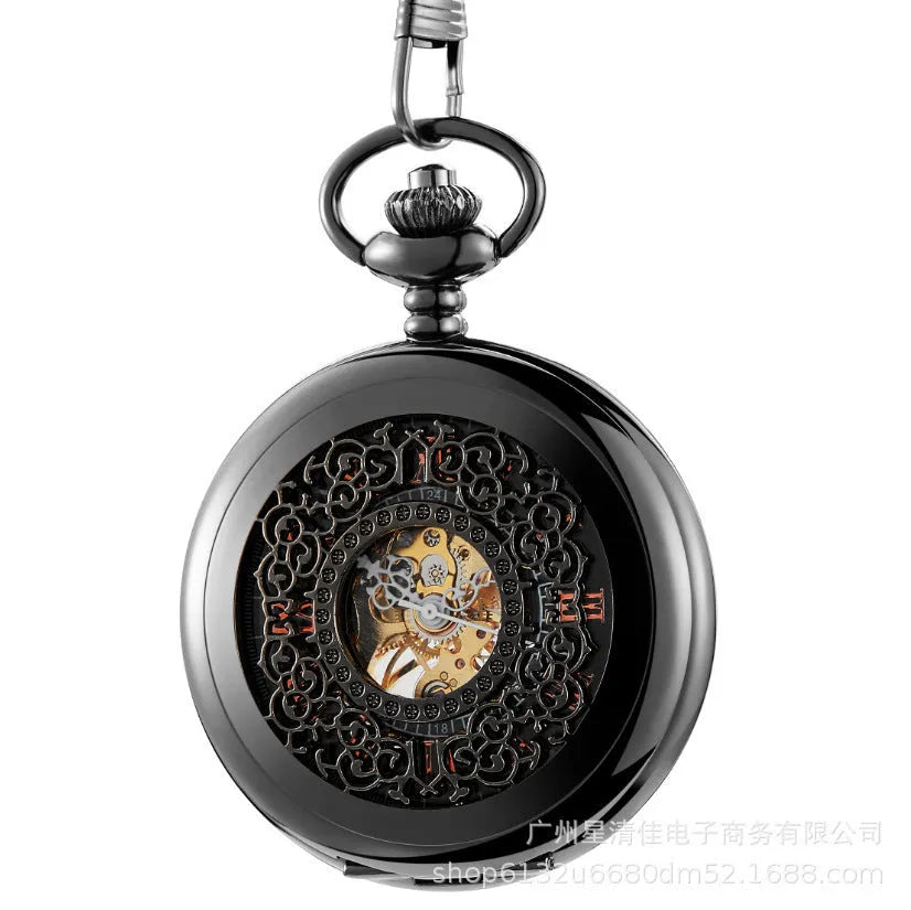 Retro floral print automatic mechanical pocket watch in alloy case with transparent back.