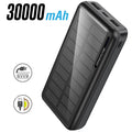 30000mAh all black portable power bank with solar panel, 142x69x29mm
