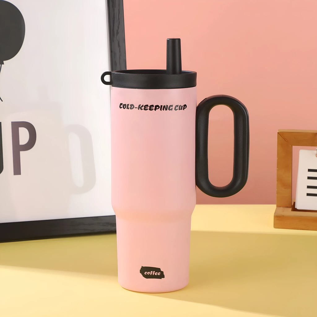 Large insulated tumbler cup with handle and screw-on straw lid