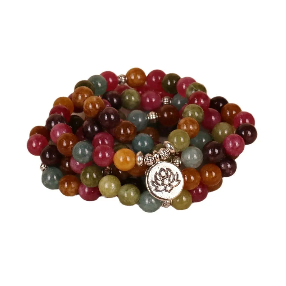 108-bead multi-layer bracelet with lotus design and tourmaline colour on hanging strings