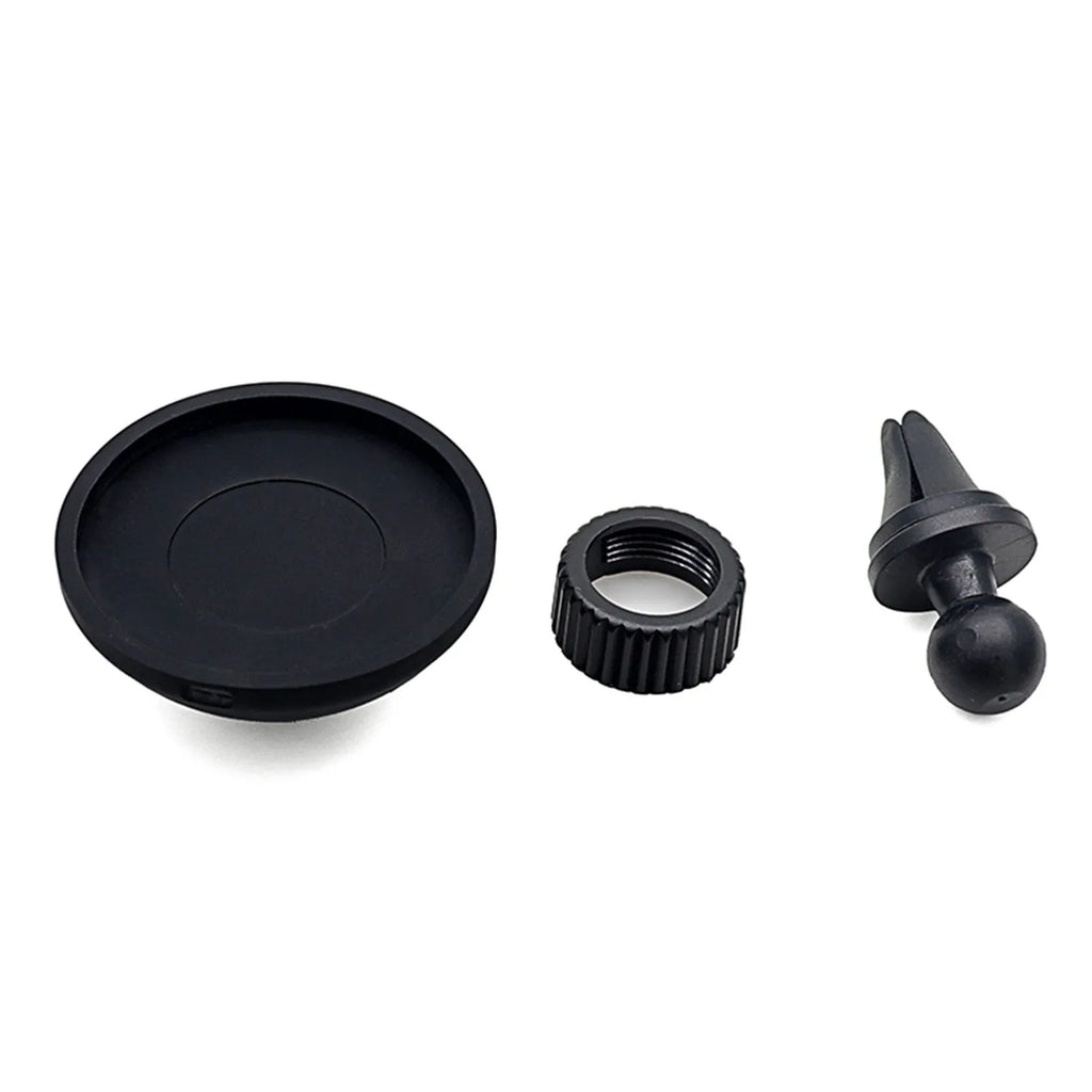 Black plastic magnetic car phone holder showing dashboard and air vent mounting options