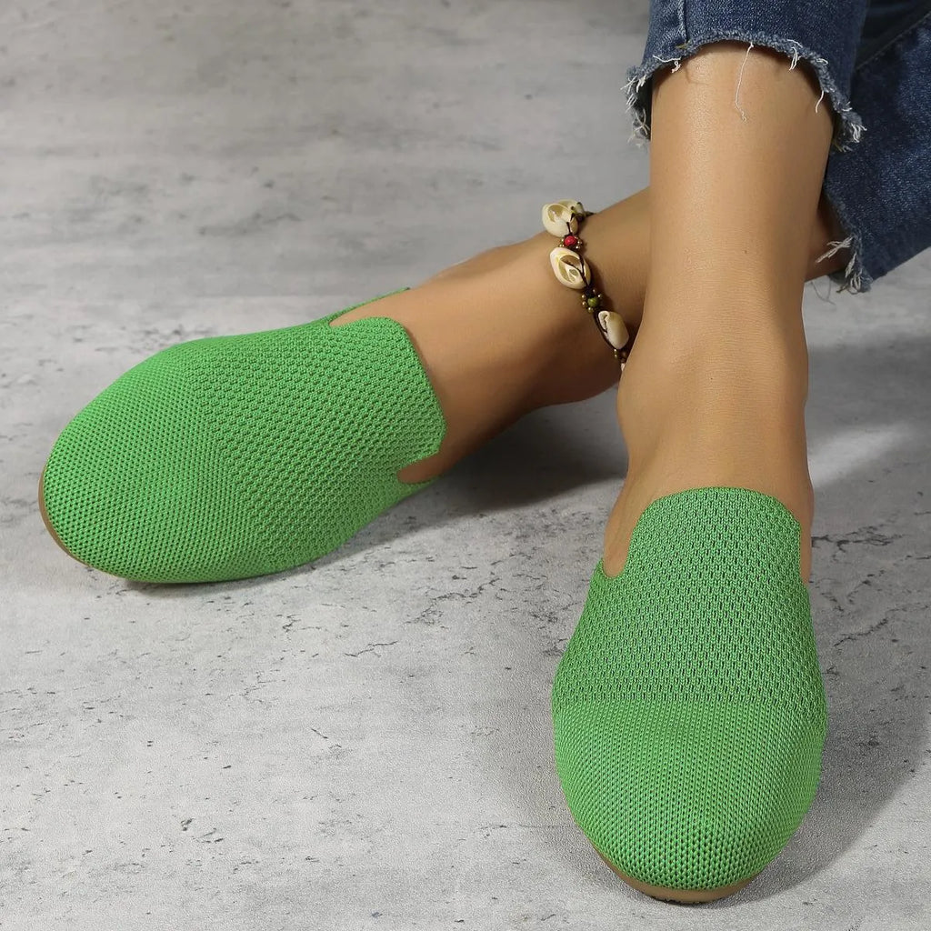 Mesh slip-on sandals in apricot, blue, and green colours with cloth upper and rubber sole