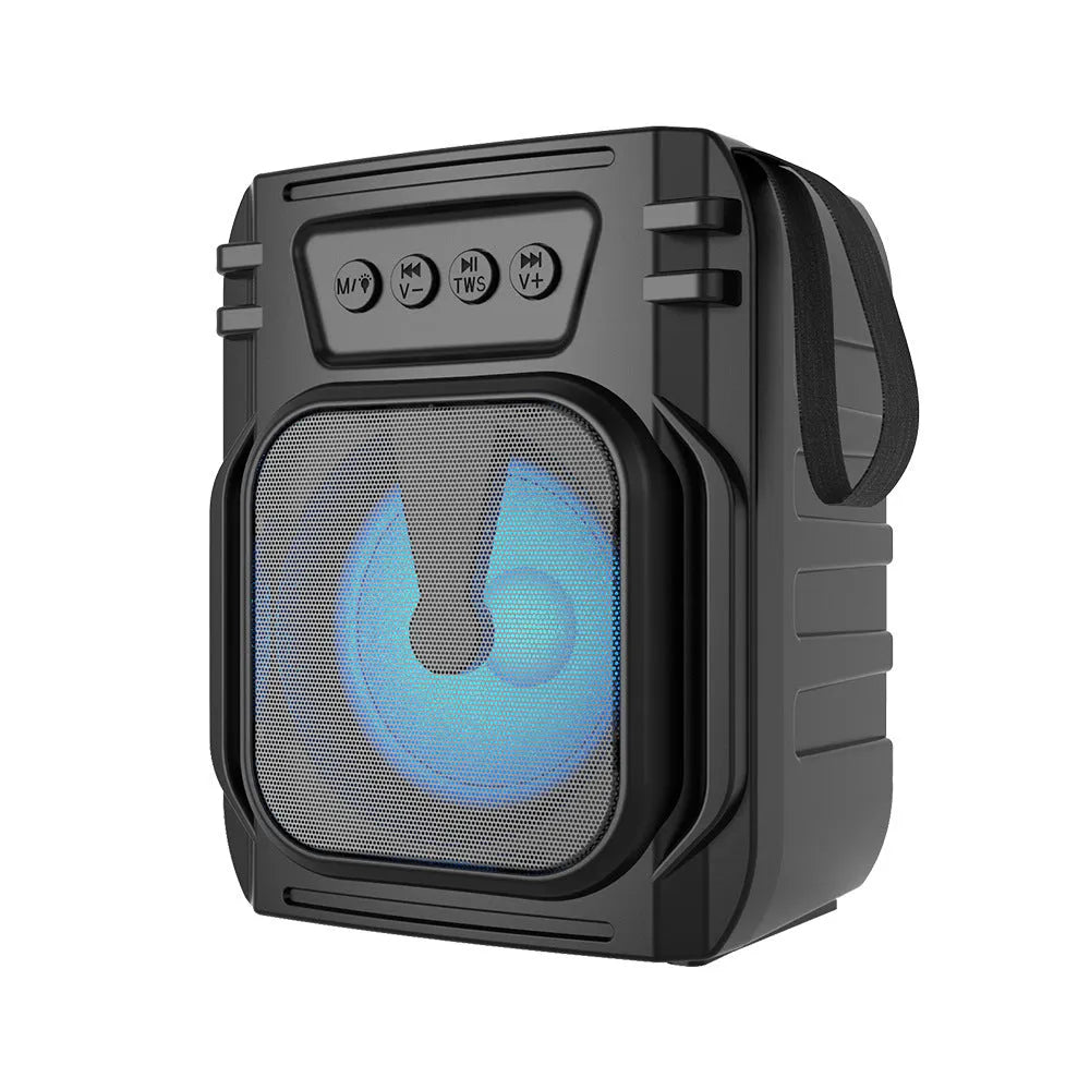 Portable Bluetooth speaker in colour 3107 with USB charging cable, dimensions 110mm by 87mm by 137mm.
