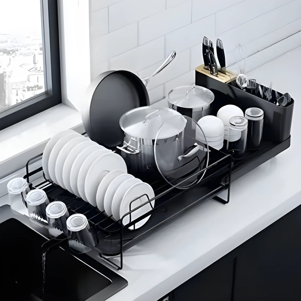 Retractable carbon steel dish rack holding cutlery, knives, forks and cups in modern simplicity style
