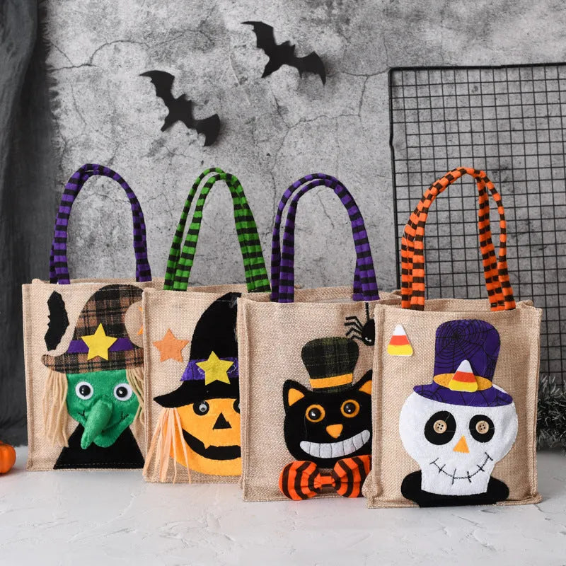 Halloween candy tote bag in linen with witch skull pumpkin and black cat designs for kids