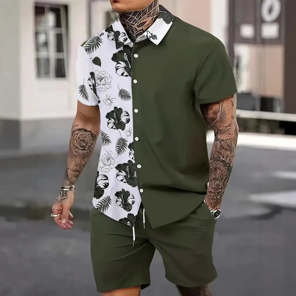 Men's Hawaii print short sleeve top and matching shorts leisure suit set on a hanger