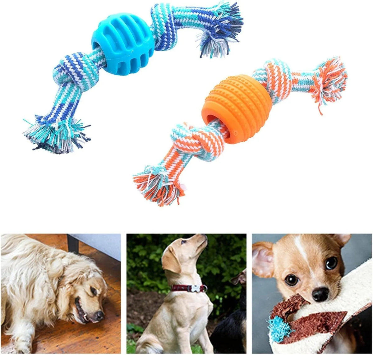 Blue dog chew toy with rope texture for cleaning teeth and oral health.