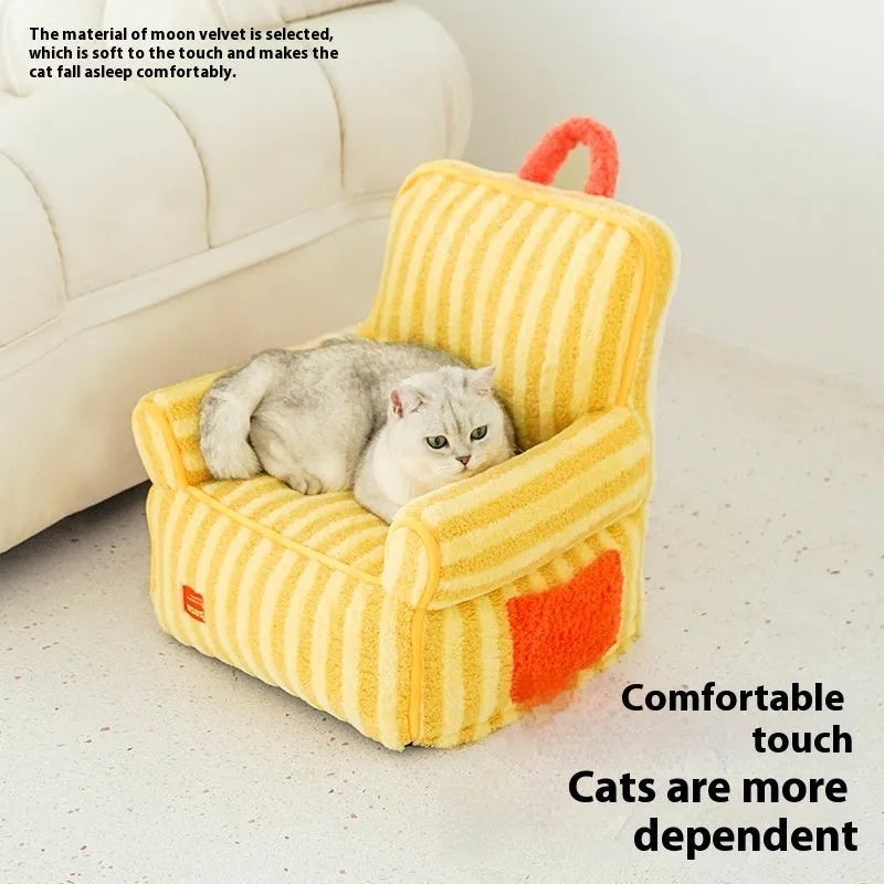 Striped soft velvet pet bed with removable cover in orange, purple, and yellow colour options